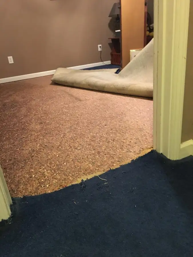 Carpet pad removal revealing water damage during Drying & Dehumidification in Lewiston